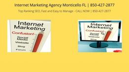 Internet marketing graphic with text about SEO and contact info for an agency in Monticello, FL.