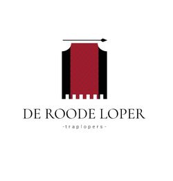 Logo van "De Roode Loper" met een rode loper boven zwarte trappen, tekst "traplopers" eronder.