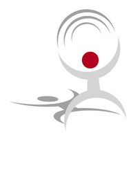 Graues abstraktes Symbol mit rotem Punkt, dynamische Linien suggerieren Bewegung.