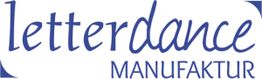 Logo mit dem Text "letterdance MANUFAKTUR" in blauer Schrift auf weißem Hintergrund.