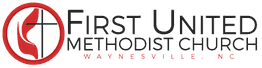 Logo of First United Methodist Church, Waynesville, NC with a red flame and cross.