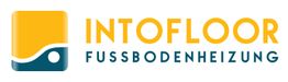 Logo von Intofloor, Hersteller von Fußbodenheizungen, gelbes Quadrat mit Welle und Punkt.