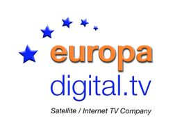 Logo de "europa digital.tv" con estrellas azules y texto sobre televisión por satélite/internet.