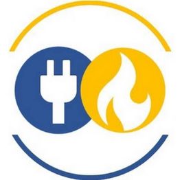 Zwei Kreise: links blauer Stecker, rechts gelbe Flamme, umgeben von Halbkreisen.