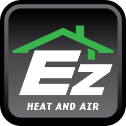 Logo with "EZ Heat and Air," green roof design on a black gradient background.