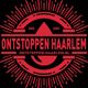 Rood embleem met tekst "Ontstoppen Haarlem", waterdruppel, en website.