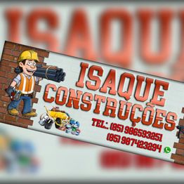 Banner "Isaque Construções" com imagem de operário e ferramentas. Telefones de contato na imagem.