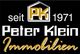 Seit 1971: PK-Logo und "Peter Klein Immobilien" in Gelb und Weiß auf schwarzem Hintergrund.