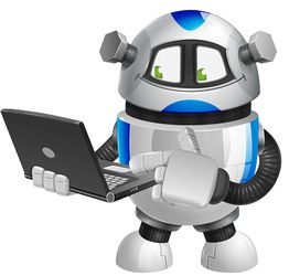 Ein Roboter hält einen Laptop und lächelt freundlich.