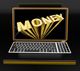 A laptop displaying the word "MONEY" in gold letters on the screen.