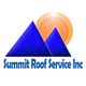 Logo with blue mountains, a sun, and text: Summit Roof Service Inc.