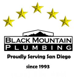 Black Mountain Plumbing logo with five stars. Text: Proudly Serving San Diego since 1993.