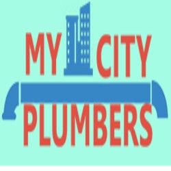 "My City Plumbers logo with a building and blue pipe design."