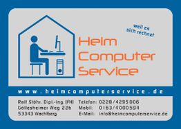 Visitenkarte „Heim Computer Service“: Grafik eines Computers und Kontaktinformationen.