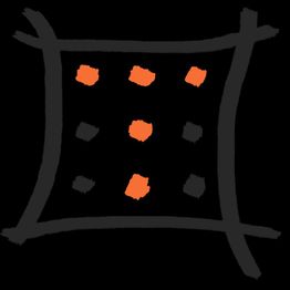 Schwarzes Quadrat mit unregelmäßigen, orangefarbenen Punkten und grauen Linien am Rand.