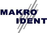 Logo mit dem Text "MAKRO IDENT" in dunkelblau mit grauen Linien im Hintergrund.