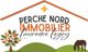 Logo avec texte "Perche Nord Immobilier Laurence Legry", arbre et cheval sur fond de collines vertes.