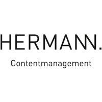 Logo mit Text: "HERMANN. Contentmanagement" in schwarzer Schrift auf weißem Hintergrund.