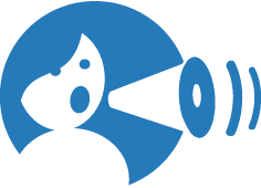 Ein Piktogramm eines Kopfes, der in ein Megafon spricht, in blauem Farbton.