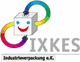 Logo mit fröhlichem Würfel, buntem Unendlichkeitszeichen und Text: "IXES Industrie­verpackung e.K."