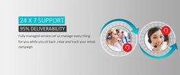 Customer support team with headsets, text: "24x7 Support, 95% Deliverability."