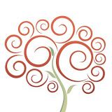 Desenho de árvore abstrata com espirais vermelhas e tronco verde.