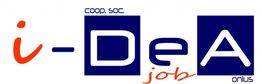 Logo con testo "i-DeA job" e scritte "coop. soc." e "onlus" in stile moderno.