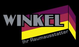 Logo mit Schriftzug "WINKEL Ihr Raumausstatter" und geometrischem Design in Schwarz, Gelb, Rot.