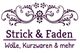 Logo mit floralen Mustern. Text: Strick & Faden - Wolle, Kurzwaren & mehr.
