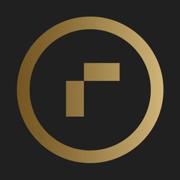 Goldenes geometrisches Symbol auf schwarzem Hintergrund, bestehend aus Kreisen und Rechtecken.