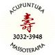 Círculo com texto "ACUPUNTURA MASSOTERAPIA", número 3032-3948 e caractere chinês central.