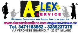 Logo di Alex Service con contatti e indirizzo a Milano. Testo: "Stiamo facendo un buon lavoro per te".