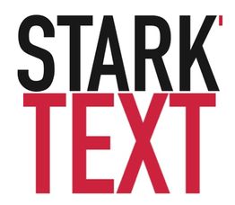 Schwarzer Text "STARK", roter Text "TEXT" auf weißem Hintergrund.