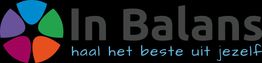 Logo In Balans met kleurrijk bloemenmotief en slogan "haal het beste uit jezelf" in blauw.