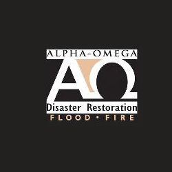 Alpha-Omega logo for disaster restoration, flood, fire on black background.