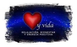 Corazón rojo y texto: "y vida, relajación, bienestar y energía positiva" sobre fondo azul oscuro.