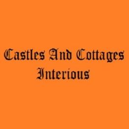 Orange background with black Gothic text: "Castles And Cottages Interious".