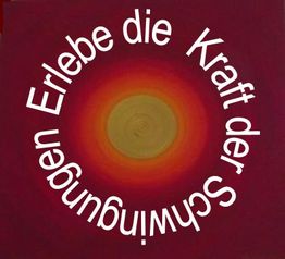 Roter Hintergrund mit kreisförmigem Farbverlauf und Text "Erlebe die Kraft der Schwingungen".