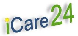 Text "iCare24" mit gelber Sonne auf blau-grünem Logo.