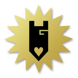 Schwarzes G-Logo mit Herz, umgeben von einem goldenen Stern mit 16 Zacken.