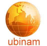 Orange Weltkugel mit Gitternetz und dem Schriftzug "ubinam" darunter.