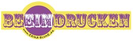 Text "Beeindrucken" in lila und gelb mit URL www.erika-blume.de in einem gelben und lila Kreis.