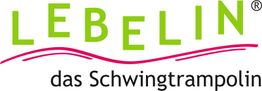 Logo mit grünem "LEBELIN" und pinkem Bogen, darunter "das Schwingtrampolin" in Schwarz.