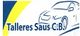 Logotipo de Talleres Saus C.B. con dibujo de coche estilizado en azul y fondo amarillo.