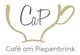 Logo mit Kaffeetassen-Skizze und Text "Café am Piepenbrink". Graue und beige Töne.
