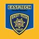 Blue and yellow East-Tech Private Security badge on a yellow background.