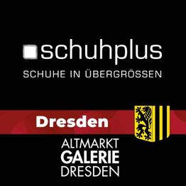 "Logo von schuhplus in der Altmarkt Galerie Dresden, mit gelbem Wappen und schwarzem Hintergrund."