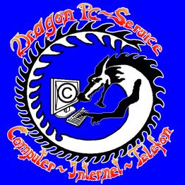 Drache umklammert einen PC mit Schriftzug: "Dragon PC Service, Computer-Internet-Telefon".