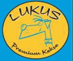 Gelbes Logo mit Comic-Tier, Text "LUKUS Premium Kekse" auf blauem Hintergrund.