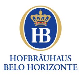 Logotipo da Hofbräuhaus Belo Horizonte, com fundo azul e uma coroa dourada acima das letras "HB".